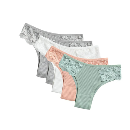 5Pcs/Set Women Cotton Panties Floral Lace Side Panel Low Rise Rib Briefs Low Cut Underwear Comfort Sexy Lingerie Daily Bikini