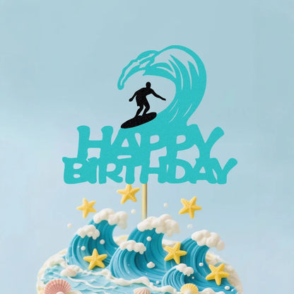 Cake Topper Happy Birthday Surf Riding Kids Man Surfing Sports Them Cupcake Topper Dessert Decoration Party Baking Supplies