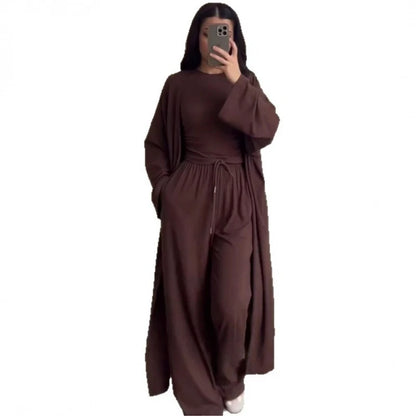 Pant Set Women Three Piece Sets Round Neck Short Sleeve Shirt Straight Pants Lace Up Long Robe Y2k Streetwear Work Casual 2026
