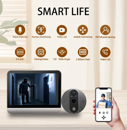 4.3 inch 2MP Tuya APP WiFi Doorbell Visual Door Peephole Video Eye Night PIR Home Security Wireless Intercom For IOS Android
