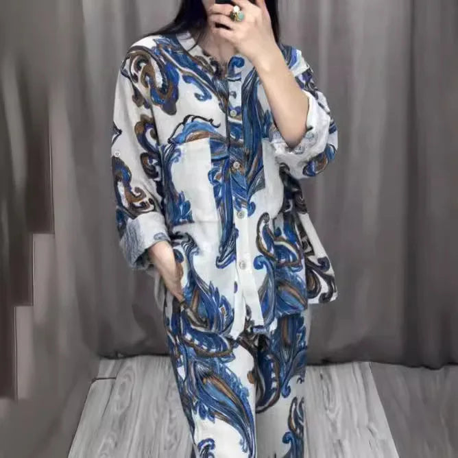Fashion Printed Single Breasted Boho Shirt Elegant O-neck Single Breasted Shirt Wide Legs Trousers Office Commuter Two-piece Set