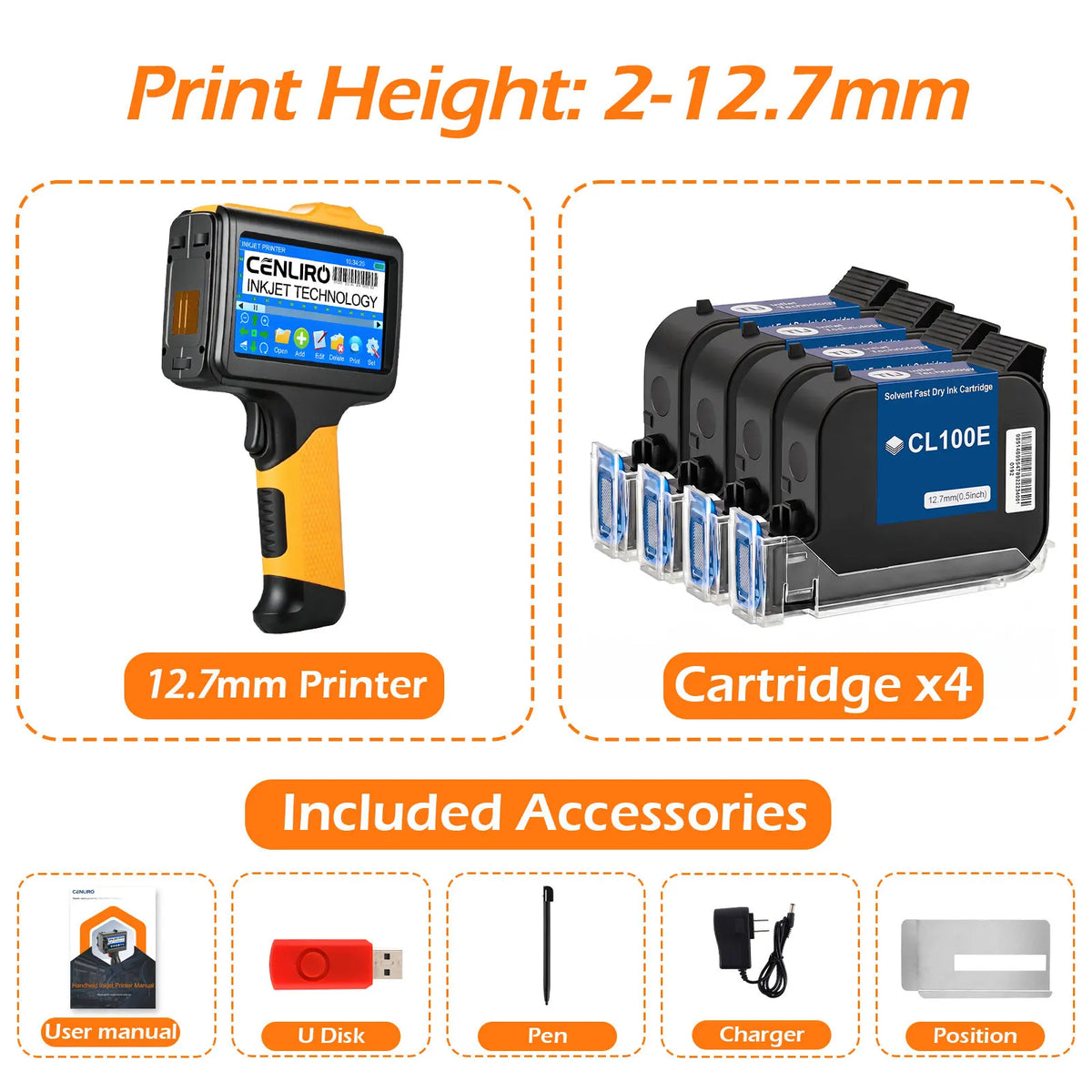 Cenliro Upgrated Handheld Inkjet Printer CL12B with Black Fast-drying Ink Cartridge for Date Batch Number Logo QR Code 600DPI