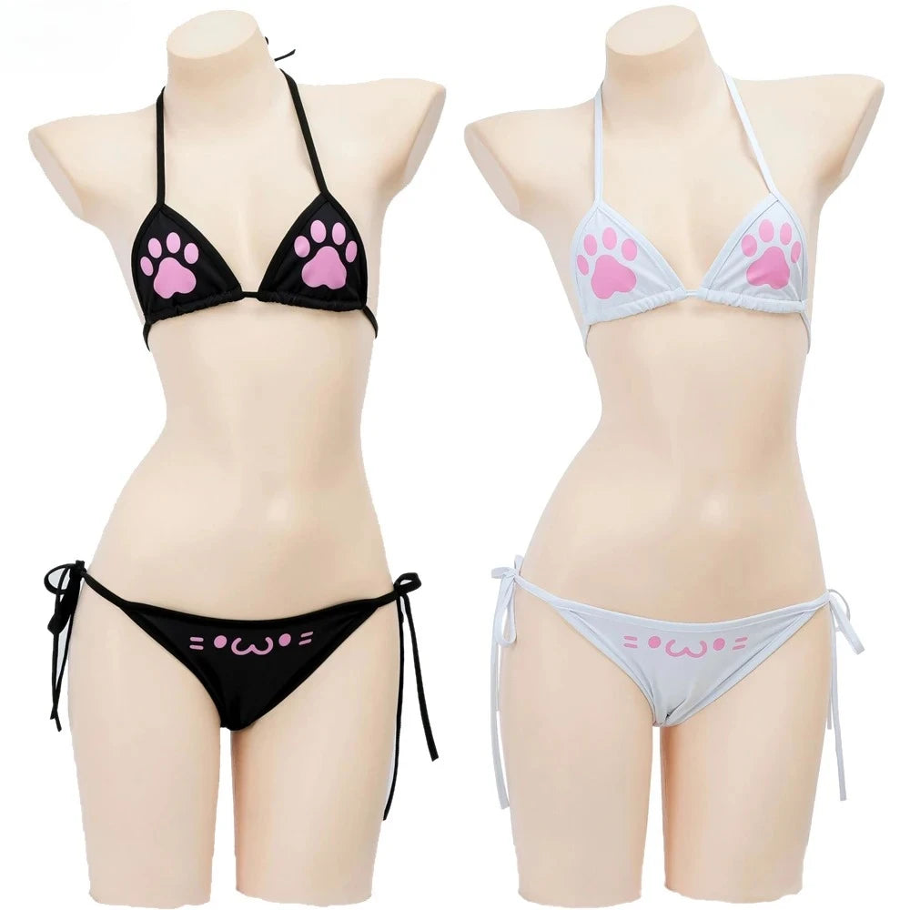 Anime Kawaii Girl Cute Cat Paw Bikini Swimsuit Women Claw Pattern Three Point  Underwear Set Costume Cosplay