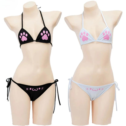 Anime Kawaii Girl Cute Cat Paw Bikini Swimsuit Women Claw Pattern Three Point  Underwear Set Costume Cosplay