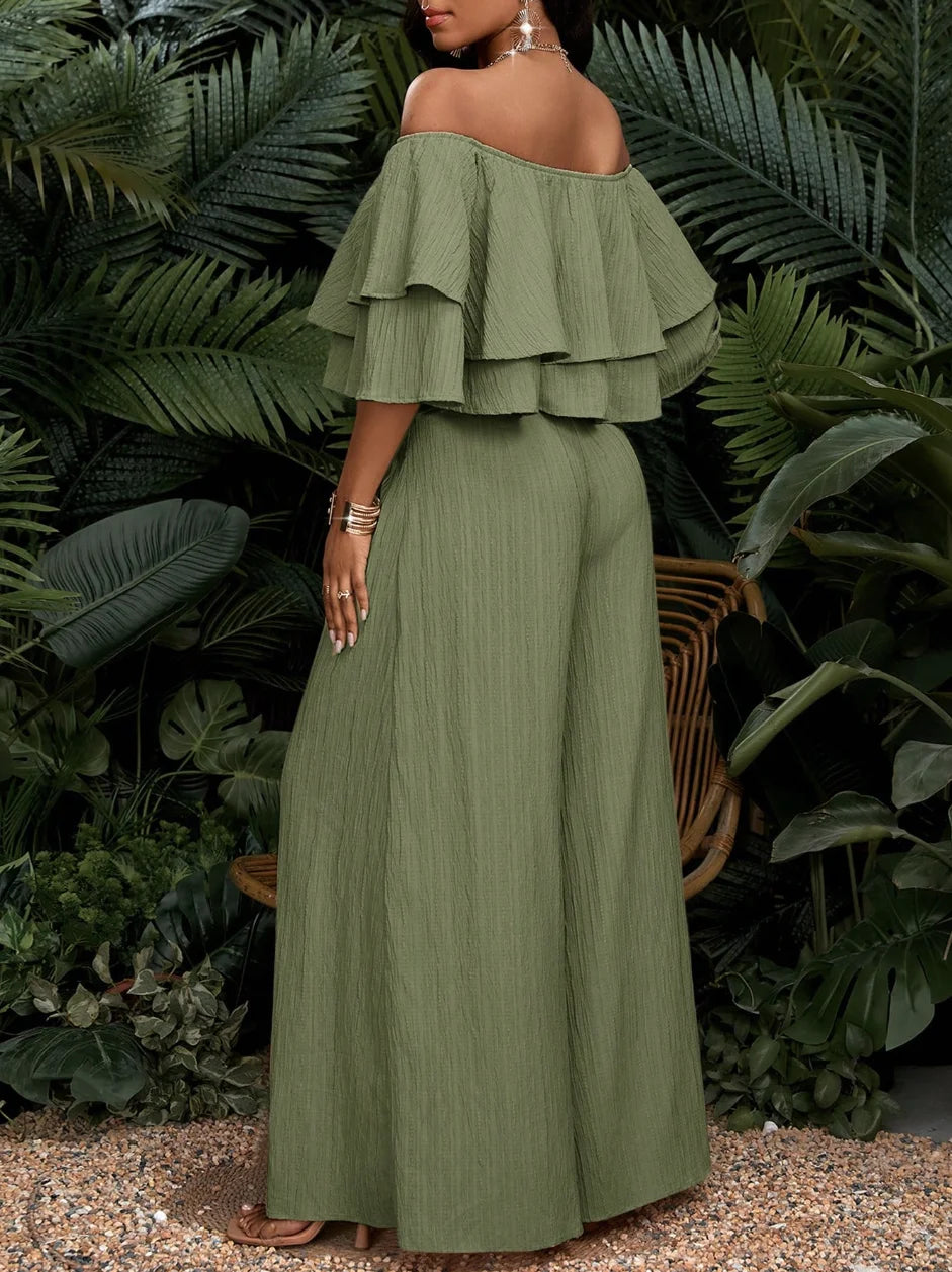 Women's Off Shoulder Ruffle Crop Top Matching Wide Leg Pants Outfit For Vacation Daily Casual Outdoor Travel Occasions