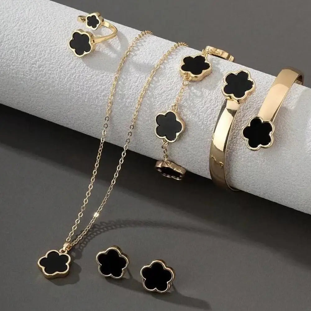 5 Pcs Set Jewelry Stainless Steel Five Leaf Clover Bracelets For Women Elegance French Niche Necklaces Bracelets Earrings