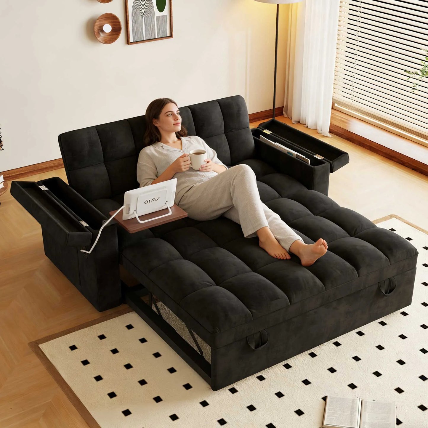 65" 3-in-1 Foldable Velvet Sofa Bed with USB Charging Port, Table Board and Storage Armrests, Adjustable Backrest Sleeper Couch for Living Room Apartment Guest Room, Black