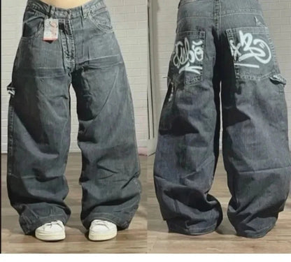 American New Fashion Cherry Blossom Letter Pattern Embroidered Baggy Jeans Women Y2K Gothic Popular Straight Wide-leg Trousers