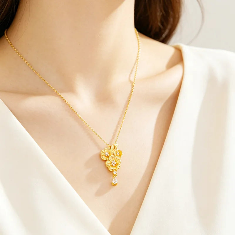Low Key Luxury Jewelry Set For Women 24K Gold AU999 Matte soft luster highlights layered embossed diamond blooming flower