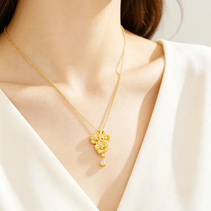 Low Key Luxury Jewelry Set For Women 24K Gold AU999 Matte soft luster highlights layered embossed diamond blooming flower