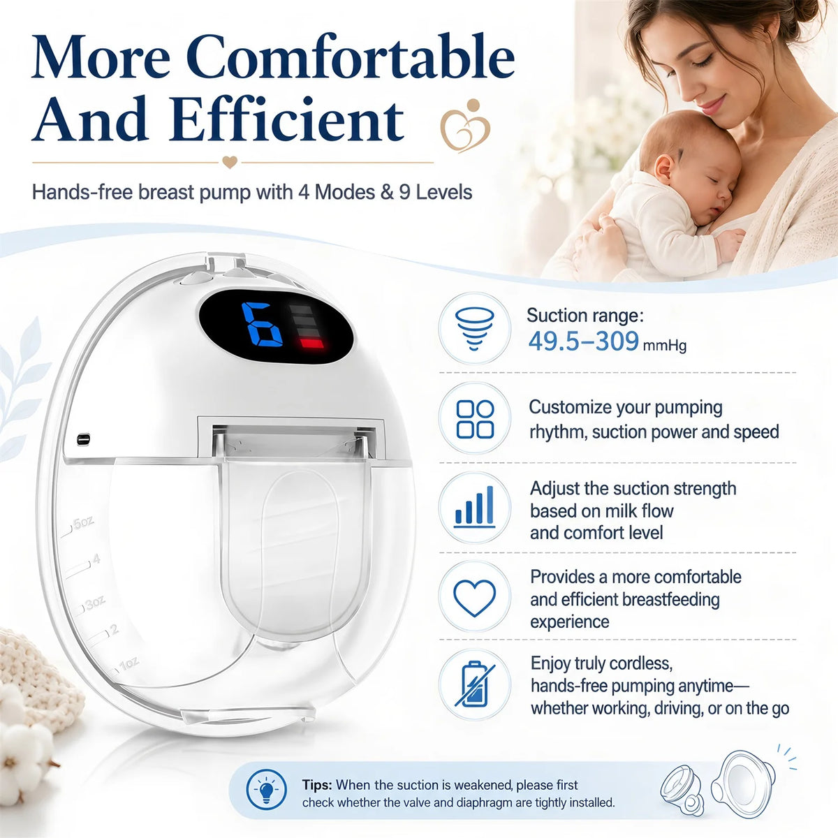 Adjustable Suction Wearable Electric Breast Pump Hands‑Free In‑Bra Design Quiet Portable Breast Milk Pump for Daily Breastfeedin