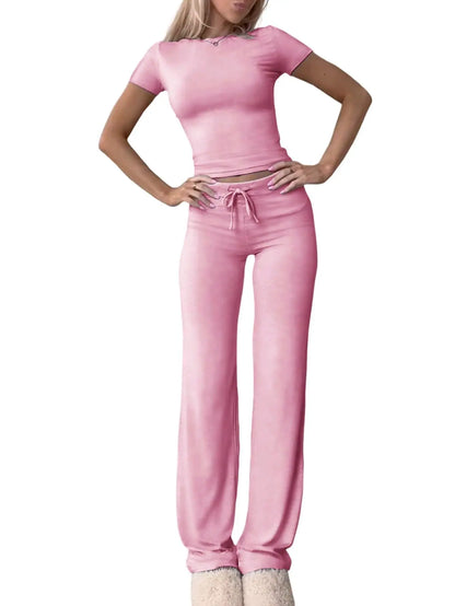 2 Pieces Women Sets 2025 New Fashion Casual Europe Short-Sleeved Tops+Long Pants Sportswear Yoga Wear Women's Clothing