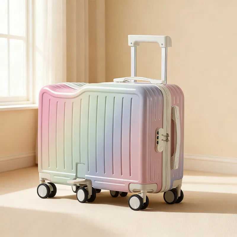 Gradient Color kids' Luggage Can Ride Small Travel Boarding Box with Cup Holder and Combination Lock 20/22inch Suitcase Children