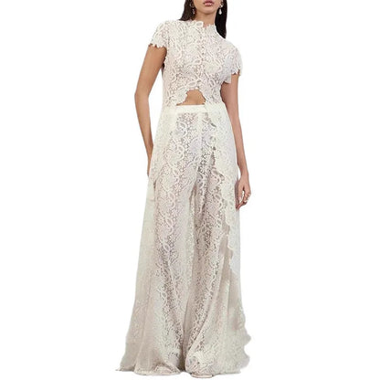 Solid Lace Two Piece Set Round Neck Short Sleeve Cutout Crop Top High Waist Wide Leg Pants 2026 Summer Elegant Party Outfits