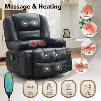 Oversized Recliner Chair, Massage Chair, 360 Swivel, Heat, USB,350 LB Capacity, 8-Point Vibration, Lumbar Heat, 145° Recline, 2 Cup Holders, USB Port, Side Pocket And Retractable Footrest