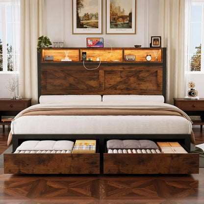 Farmhouse Queen Bed Frame & Bookcase Headboard,Charging Station & LED Light,2 Storage Drawers,Platform,Bedroom,Queen, Custom