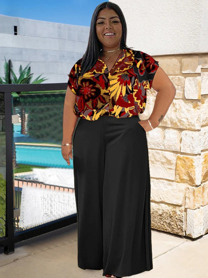 Woman 2 Piece Outfit Set Plus Size Summer Casual Suit Set Floral Print Shirt Pants Set Basic Lounge Wear