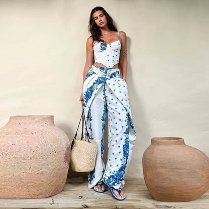 Urban Print Top Pants Women Set Sling Backless Slash Neck Blouse Wide Leg Trousers 2026 Spring Summer Holidays Lady Outfit