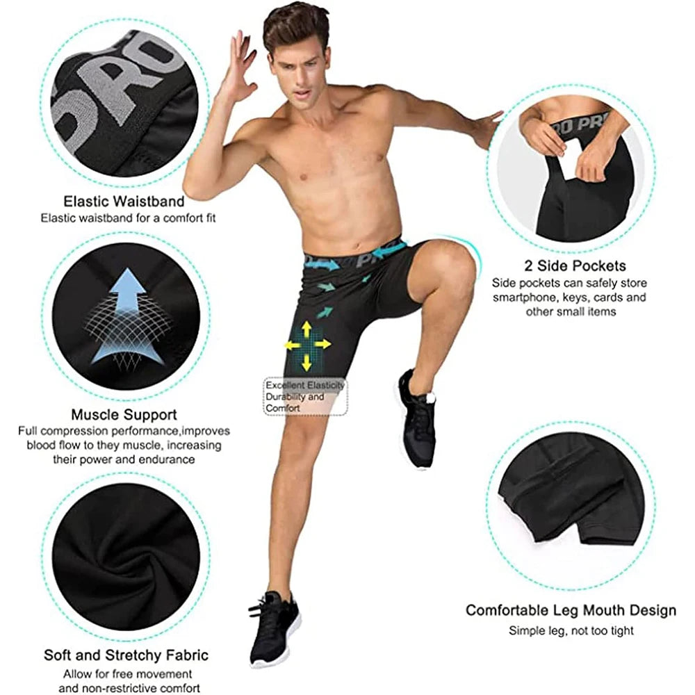 Men's Sports Compression Shorts with Pockets Gym Workout Polyester Boxer Briefs Running Basketball Bike Athletic Short