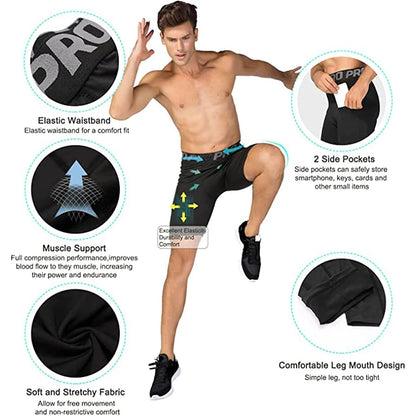 Men's Sports Compression Shorts with Pockets Gym Workout Polyester Boxer Briefs Running Basketball Bike Athletic Short