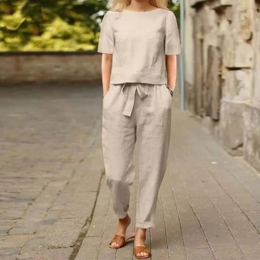 Half-sleeved Women's Cotton Linen Suit Elastic Waist Wide-leg Two-piece Set Round Neck Comfortable Summer Matching Suit