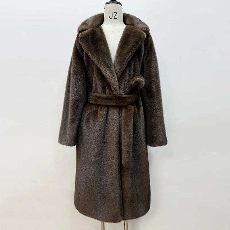 Women Elegant Solid Color Faux Fur Long Coat Notched Collar Belted Waist Loose Oversized Warm Winter Street Thick Outerwears New