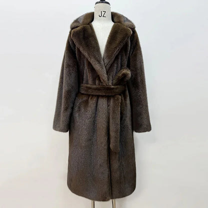 Women Elegant Solid Color Faux Fur Long Coat Notched Collar Belted Waist Loose Oversized Warm Winter Street Thick Outerwears New