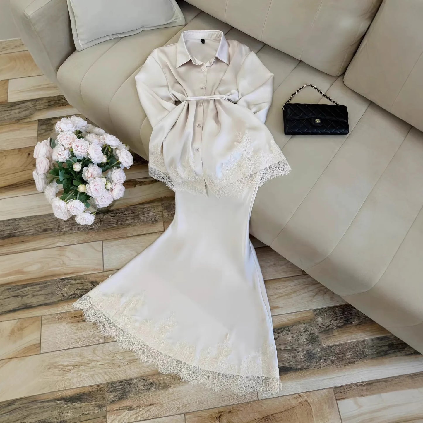 Women Two Piece Sets Skirt Set Turn Down Collar Lace Sexy Full Sleeve Tops Long Skirts High Waist Y2k Streetwear Elegant Work