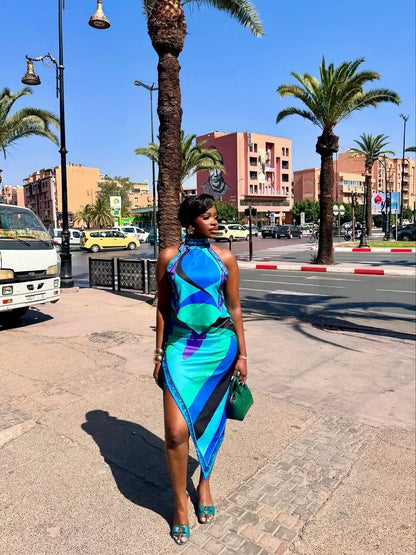 Irregular Satin Printed Sets Halter Neck Lace-up Tank Top Asymmetric Midi Skirt 2 Pieces Set 2026 Summer Casual Vacation Outfits