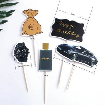 5pcs/set Cake Topper Car Money Wristwatch DIY Cake Cupcake Toppers Boys Men Happy Birthday Party Wedding Dessert Decor Flags New