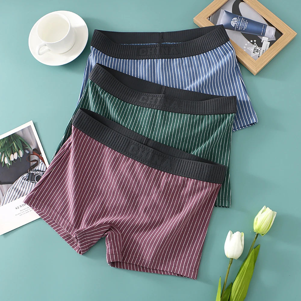 3PCS/Pack 100% Cotton Soft Panties Woman Trendy Striped Female Underwear Summer Breathable High Elastic Mid-rise Waist Boyshort