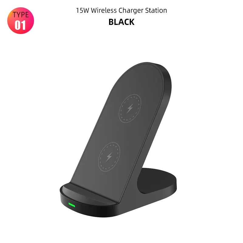 Fast Wireless Charger Stand Pad for iPhone 16 15 14 13 8 X Samsung Galaxy S24 S23 S21 S20 S10 Xiaomi Wireless Charging Station