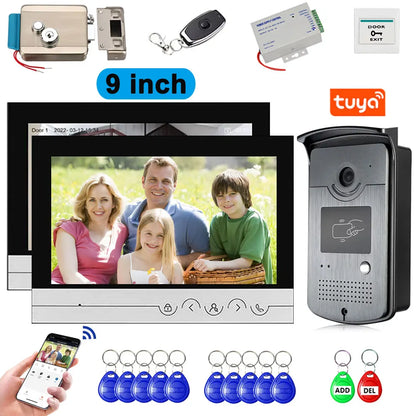  WiFi Video Doorphone Intercom 4 Wire 1V1/1V2 9 inch LCD RFID Camera Doorbell Access Control System APP Unlock W/ Electric Lock