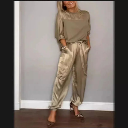 Elegant Satin Two Piece Set Women Outfits Spring Summer Casual Solid O Neck Shirt Long Pants Tracksuit Fashion Female Loose Suit