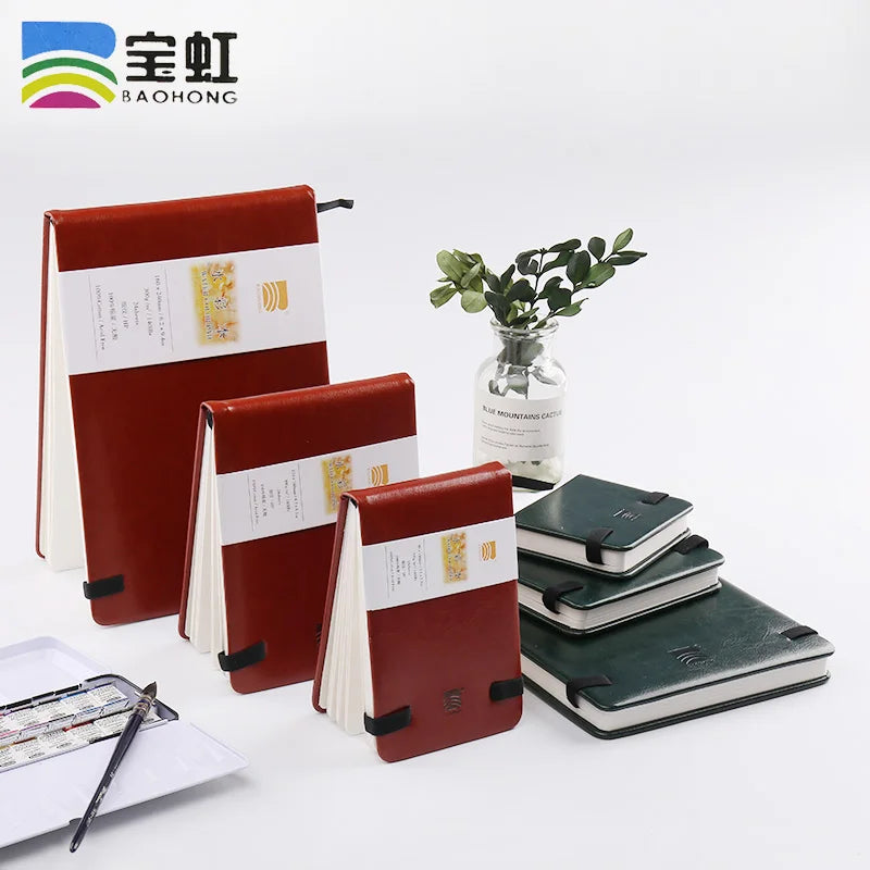 BAOHONG Watercolor Sketchbook 300g Notebook Cotton Pulp Watercolor Paper Faux Leather Cover Hand-Drawn Friendly for Sketching