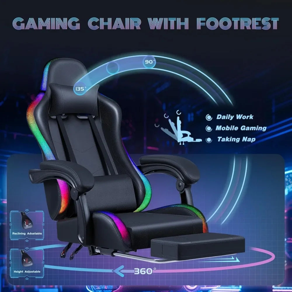 Chair with RGB LED Lights, Video Game Chair with Footrest and Massage Lumbar Support, High Back Reclining