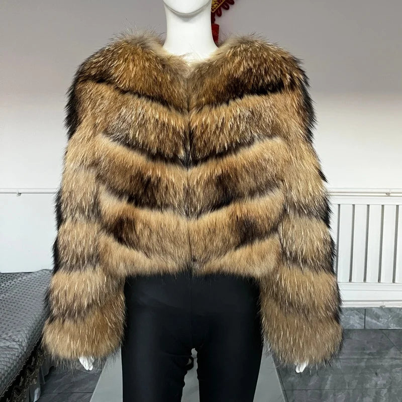 BEIZIRU Women's Real Raccoon Fur Coat Winter Long Sleeve Hooded Jacket with Turndown Collar Natural Luxury Thick Top