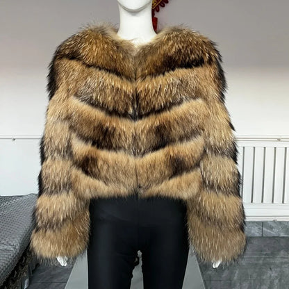 BEIZIRU Women's Real Raccoon Fur Coat Winter Long Sleeve Hooded Jacket with Turndown Collar Natural Luxury Thick Top