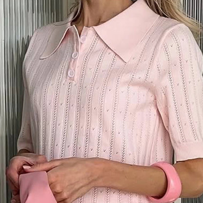 Elegant Women's Summer Hollow Out Knit Tops Short Sleeve Turn Down Collar Solid Color Cutout T-shirt