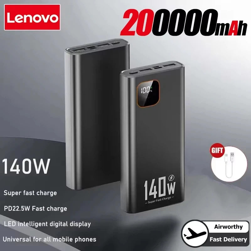 Lenovo 200000mAh 140W Super Fast Charging Power Bank Ultra Capacity Portable Charger New Arrival for iPhone Samsung