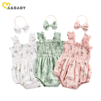 ma&baby 0-24M Baby Girl Romper Newborn Infant Jumpsuit  Floral Print Sleeveless Clothing Headband Summer Outfits