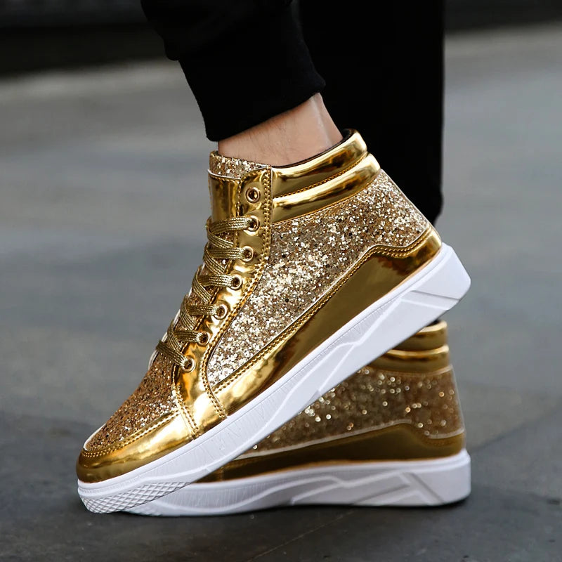 Men's Glitter High Top Sneakers Shiny Party Stage Shoes Casual Fashion Footwear Tênis Alto Brilhante Zapatillas Altas Brillantes