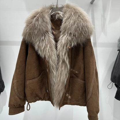 OFTBUY Women Suede Cropped Coat Oversized Real Fox Fur Collar Goose Down Jacket Winter Warm Drawstring Hem Daily Wear Outerwear