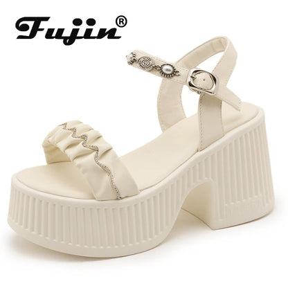 Fujin 10cm PU Synthetic Microfiber Leather Peep Toe Shoes Bling Rhinestone Platform Wedge Fashion Slippers Women Sandals Pumps