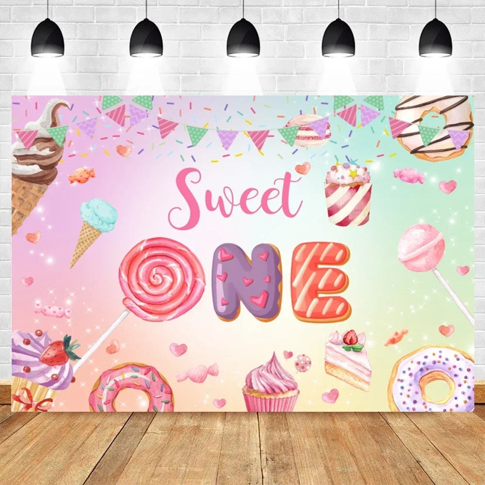 Donut Ice Cream Candy Photography Background 1st Birthday Party Decor Cake Table Banner Children Portrait Photo Studio Props