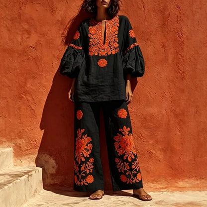 New Summer Women Boho Linen 2 Piece Outfit Floral Print Lantern Sleeve O Neck Blouse Wide Leg Pants Autumn Vintage Holiday Sets