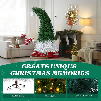 6FT Pre‑lit Bent Top Christmas Tree, Santa Hat Style Artificial Hinged Xmas Tree with 250 Warm White LED Lights, 839 Branch Tips for Home Holiday Party Decor