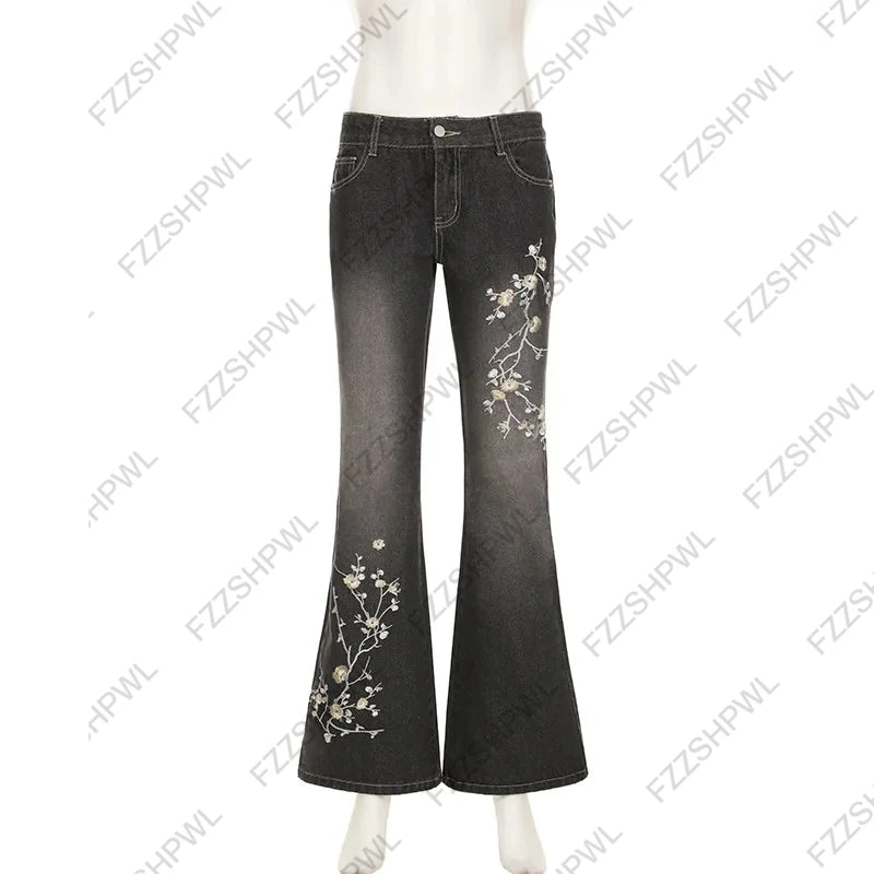 Women's Floral Embroidered Jeans Spring and Autumn Retro Low-Rise Flared Pants Loose Knit Basic Style All-match Streetwear 2000s