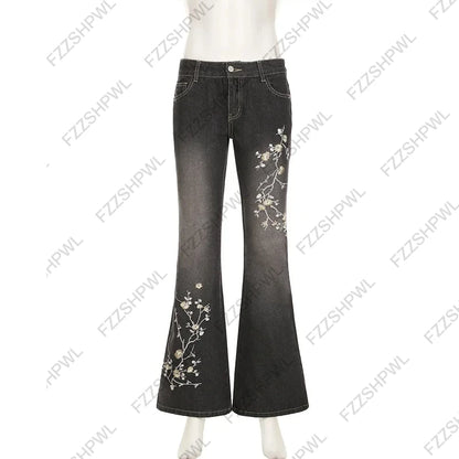 Women's Floral Embroidered Jeans Spring and Autumn Retro Low-Rise Flared Pants Loose Knit Basic Style All-match Streetwear 2000s
