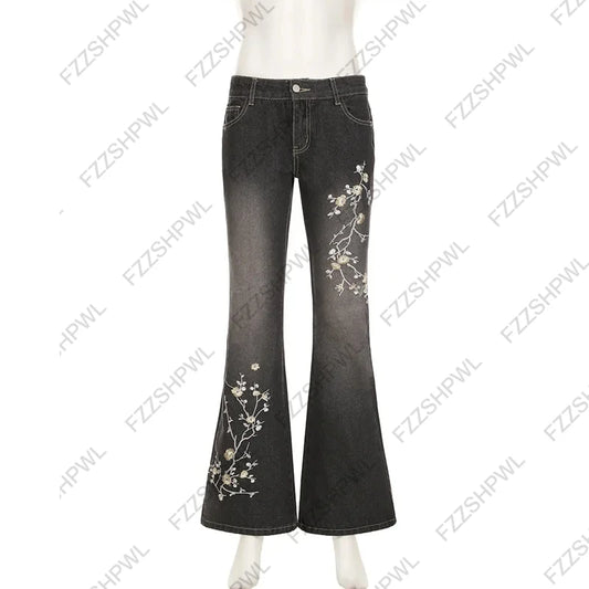 Women's Floral Embroidered Jeans Spring and Autumn Retro Low-Rise Flared Pants Loose Knit Basic Style All-match Streetwear 2000s